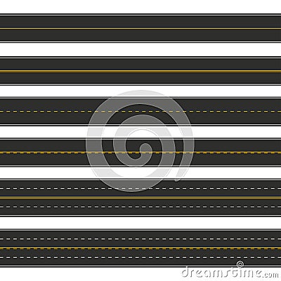 Seamless set of different road marking. Horizontal straight asphalt roads. Top view Vector Illustration