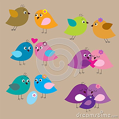 Seamless set with lovely enamored birds and chicks Vector Illustration