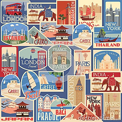 Seamless Set of travel retro labels and cards. Different countries and cities Vector Illustration