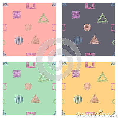 Seamless set of vector geometrical patterns with rectangles, triangles, circle, square endless background with hand drawn textured Vector Illustration