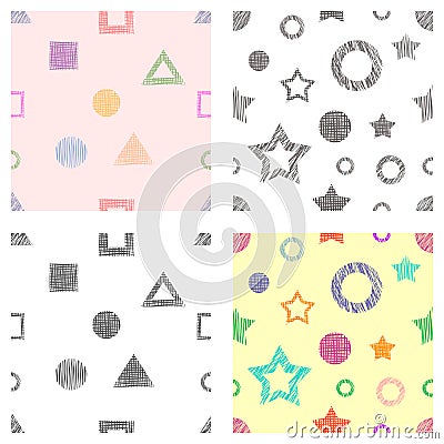 Seamless set of vector geometrical patterns with stars, triangles, circle, square endless background with hand drawn textured geom Vector Illustration