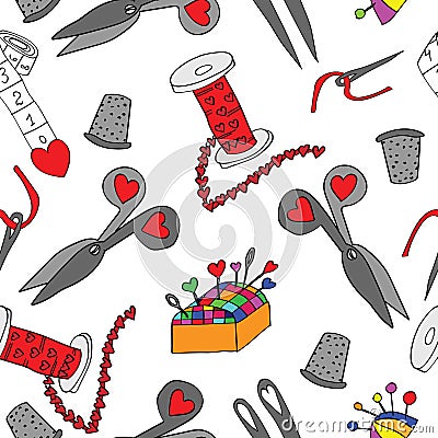 Seamless with sewing tools set Vector Illustration