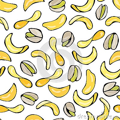 Seamless with Shelled Pistachio Nuts and Potato Chips. On a White Background Doodle Cartoon Hand Drawn Sketch Vector Illustration