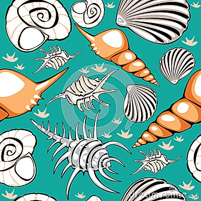 seamless shells on turquoise Vector Illustration