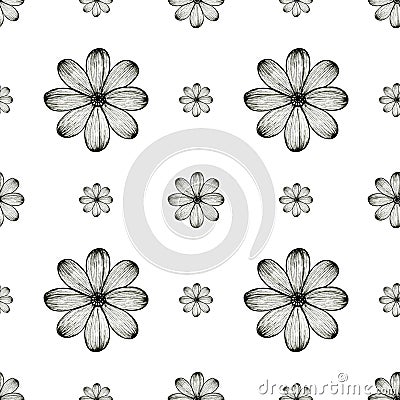 Seamless simple floral pattern of graphic stylize flowers on white background Cartoon Illustration