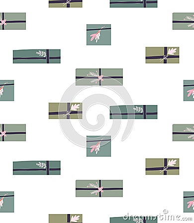 Seamless simple holiday pattern with green hygge gift boxes with ribbons and branches decorations on white background. Vector Vector Illustration