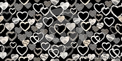 Seamless simple pattern with light beige hearts on a black background. Vector hand drawn sketch. Print with set textured hearts Vector Illustration