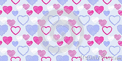 Seamless, simple, pattern with shape hearts on a blue back. Print with set textured heart Vector Illustration
