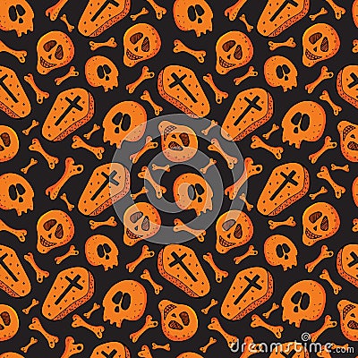 Seamless skull, bone and coffin pattern on black background in . Orange skeleton background. Bright design for textiles, Stock Photo