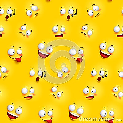 Seamless smiley face pattern with funny facial expressions Vector Illustration