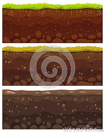 Seamless soil layers. Layered dirt clay, ground layer with stones and grass on dirts cliff texture vector pattern Vector Illustration