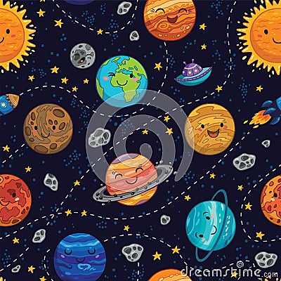 Seamless space pattern background with planets, stars and comets. Vector Illustration