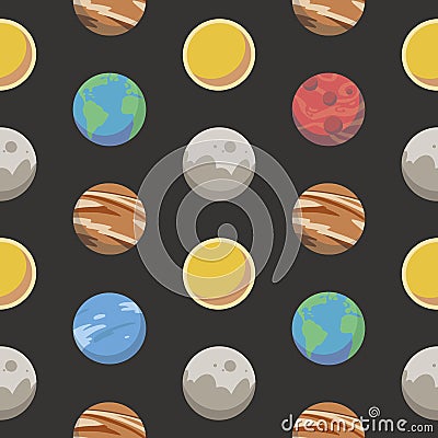 Seamless space pattern with different colorful cartoon style planets including earth, mars, jupiter and the sun on black BG Stock Photo