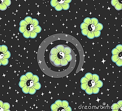 Seamless space pattern with grunge green and yellow yin yang flowers and stars Vector Illustration