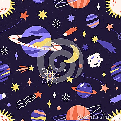 Seamless space pattern with planets and stars in dark sky. Childish galaxy background. Repeatable cosmos texture Vector Illustration