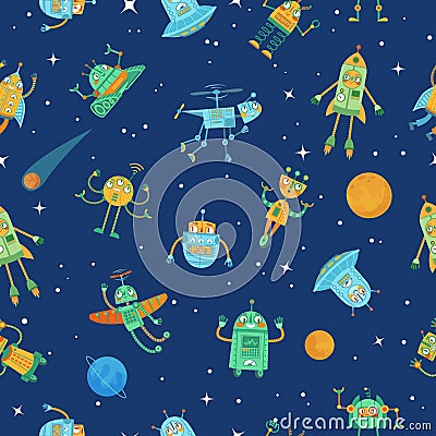 Seamless space robots pattern. Cute robot in space with stars and planets, colourful funny robots cartoon vector illustration Vector Illustration