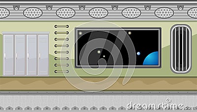 Seamless spaceship interior with big window and lockers for game design Vector Illustration