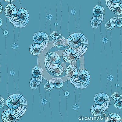 Seamless spirals and circles pattern turquoise blue gray Stock Photo