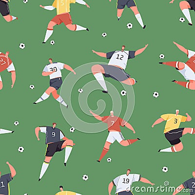 Seamless sports pattern with active football players, kicking soccer balls on grass field. Endless repeatable background Vector Illustration