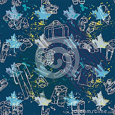 Seamless sports pattern on a dark blue background with hockey equipment Vector Illustration