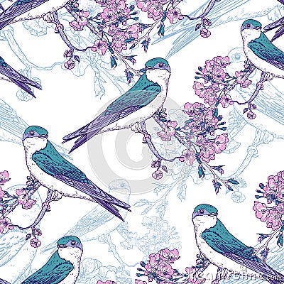 Seamless spring cherry pattern with birds Vector Illustration
