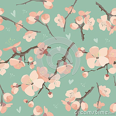 Seamless spring flowers on tree branch pattern Vector Illustration