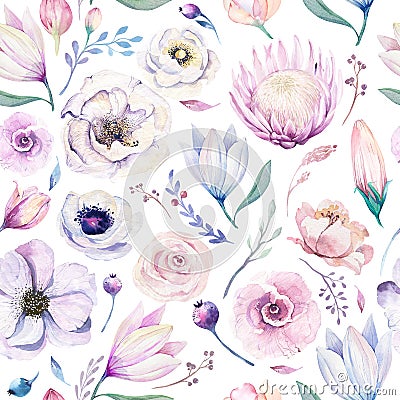 Seamless spring lilic watercolor floral pattern on a white background. Pink and rose flowers, weddind decoration Cartoon Illustration