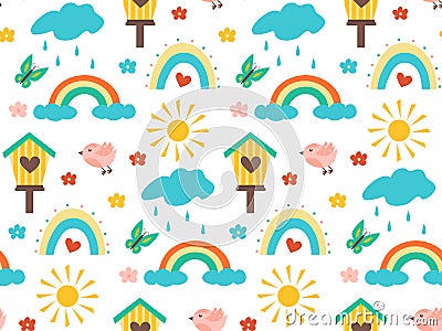 Seamless spring pattern with birds, birdhouse, rainbow and clouds with cute colored flowers. Vector illustration for Vector Illustration
