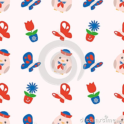 Seamless spring pattern with cute red and blue maritime chubby chicks, butterflies and spring flowers on white background Stock Photo