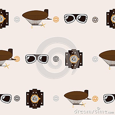 Seamless square pattern with steampunk accessories like old fashioned dirigible, aviator glasses and watch clocks on beige backgro Stock Photo