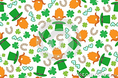 Seamless St. Patrick`s Day pattern with leprechaun and funny illustrations Stock Photo