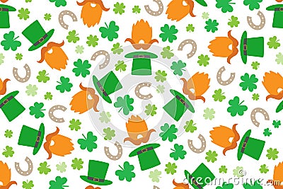 Seamless St. Patrick`s Day pattern with leprechaun and funny illustrations Stock Photo