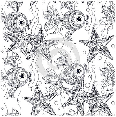 Seamless starfish and fish ornamental monochrome pattern Vector Illustration