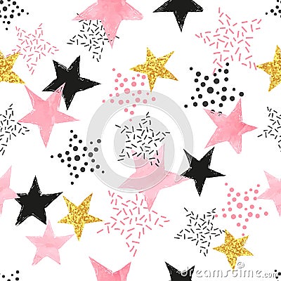 Seamless pattern with watercolor pink and glittering golden stars. Vector Illustration