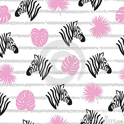Seamless striped abstract pattern with zebra heads and tropical leaves. Vector Illustration
