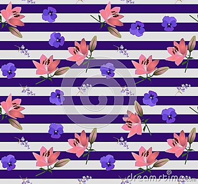 Seamless striped floral pattern with little bell flowers, large pink lilies and blue violets in vector. Print for fabric Vector Illustration