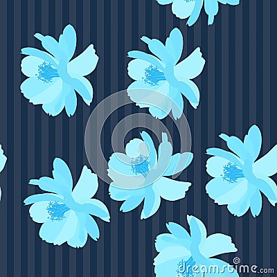 Seamless striped floral pattern with unique blue cosmos flowers, digital drawing and watercolor texture. Vector summer design Vector Illustration