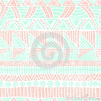 Seamless striped pattern. Ethnic and tribal motifs. Vintage print, grunge texture.Simple ornament. Handmade. White, pink and blue Vector Illustration