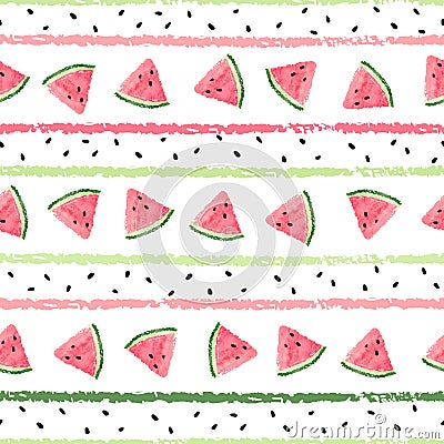Seamless striped pattern with watercolor watermelon slices. Vector Illustration