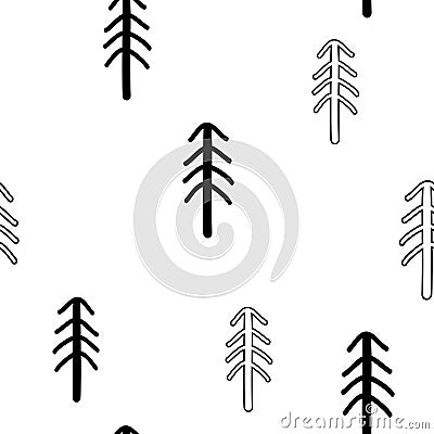 Seamless stylish pattern with coniferous pine trees. Vector illustration, Black and White Vector Illustration