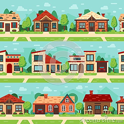 Seamless suburban houses. Panoramic cityscape with house exterior, buildings and town road flat vector background set Vector Illustration