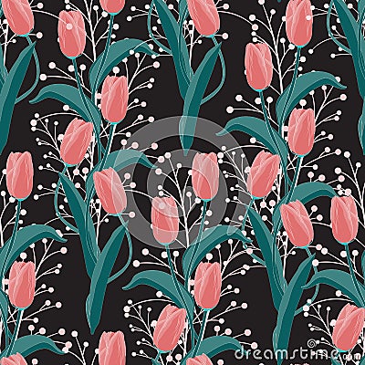 Seamless summer flora pattern with Blooming garden flowers, orange tulip Stock Photo