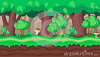 Seamless summer forest landscape with boletus for game design Vector Illustration