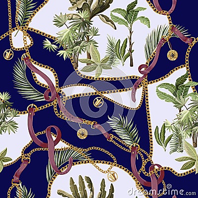 Seamless summer pattern with belts, chains and tropical leaves and trees. Trendy fashion print. Vector Illustration