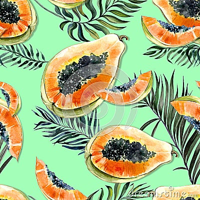 Seamless summer pattern with bright exotic papaya fruit and palm leaves. Ripe papaya with black seeds cut in half. Cartoon Illustration