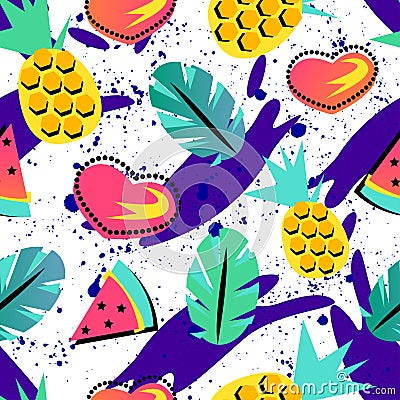 Seamless summer pattern with bright orange pineapple and watermelon and tropical element on brith background For teenagers Stock Photo