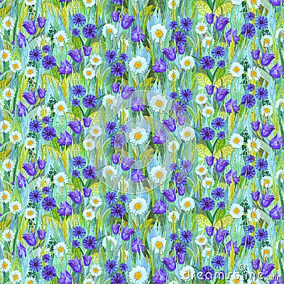 Seamless summer pattern of chamomiles, cornflowers, bluebells on the grass. Cartoon Illustration