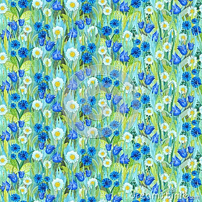 Seamless summer pattern of chamomiles, cornflowers, bluebells on the grass. Colorful background in the form of a flower glade Stock Photo