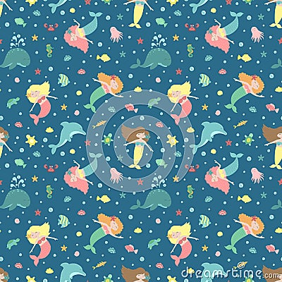 Seamless summer pattern with cute mermaids and sea animals. Vector marine illustration for child, holiday, background, print, Cartoon Illustration