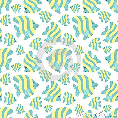 Seamless summer pattern with cute stripes fishes. Vector sea illustration for children, holiday, background, print, textile, Cartoon Illustration